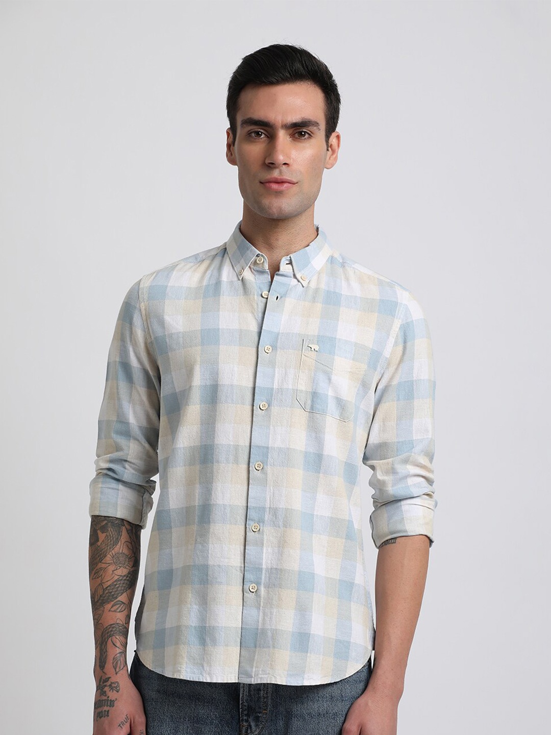 

THE BEAR HOUSE Slim Fit Checked Button-Down Collar Casual Shirt, Blue