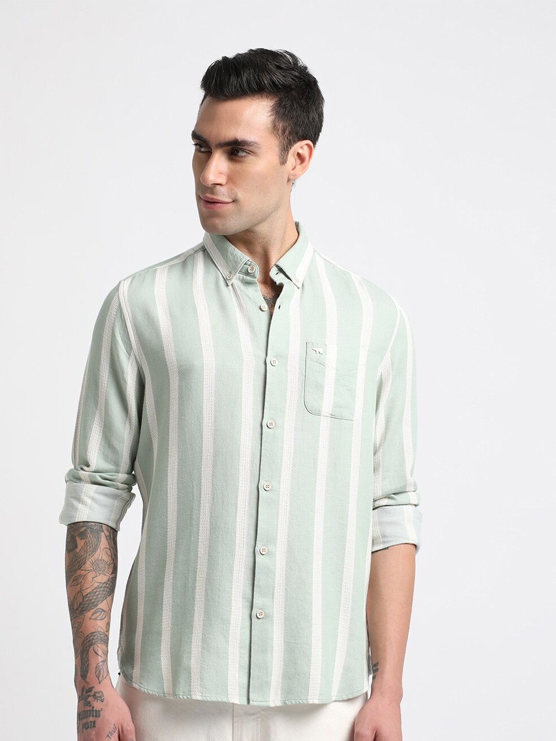 

THE BEAR HOUSE Vertical Striped Cotton Shirt, Green