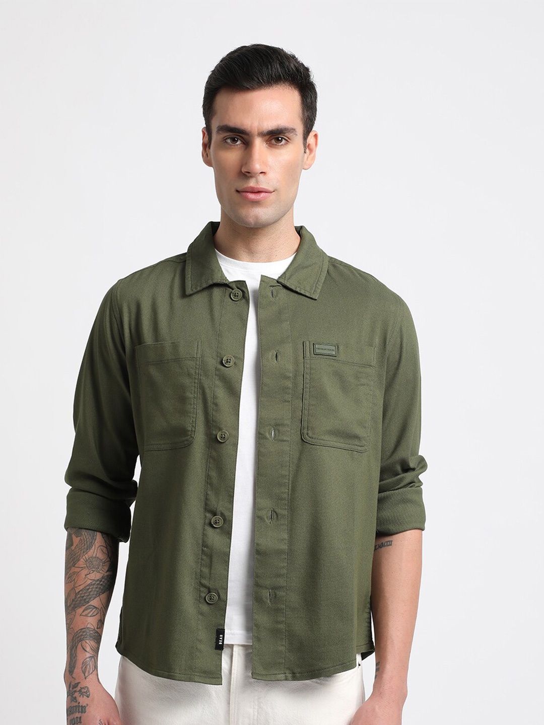 

THE BEAR HOUSE Men Checked Regular Fit Poly Lycra Shacket, Green