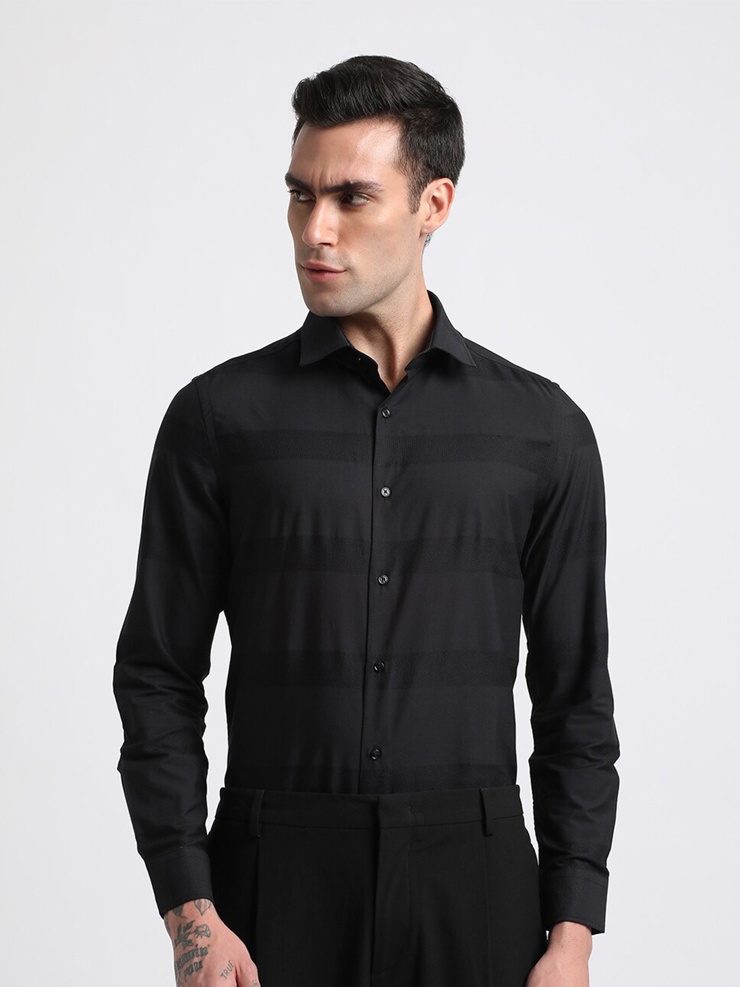 

THE BEAR HOUSE Slim Fit Horizontal Stripes Pure Cotton Formal Shirt, Black