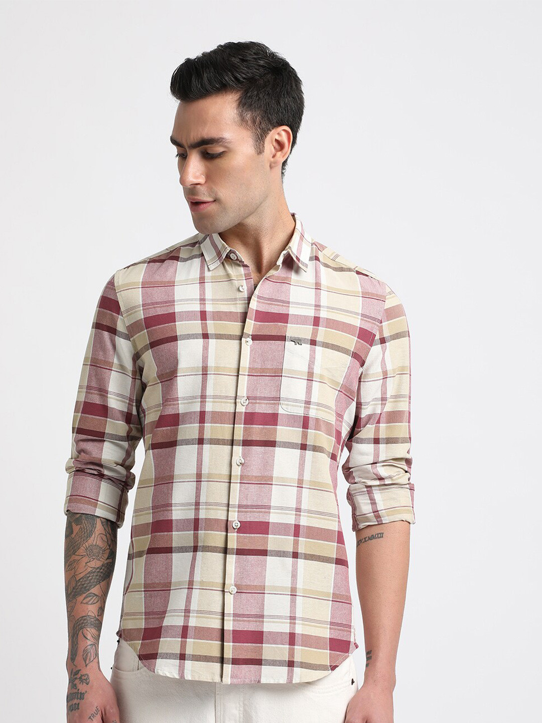 

THE BEAR HOUSE Slim Fit Tartan Checked Spread Collar Cotton Casual Shirt, Maroon