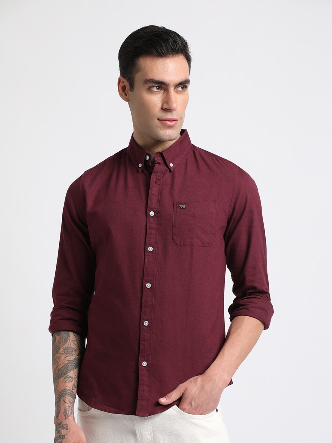 

THE BEAR HOUSE Slim Fit Opaque Pure Cotton Casual Shirt, Maroon