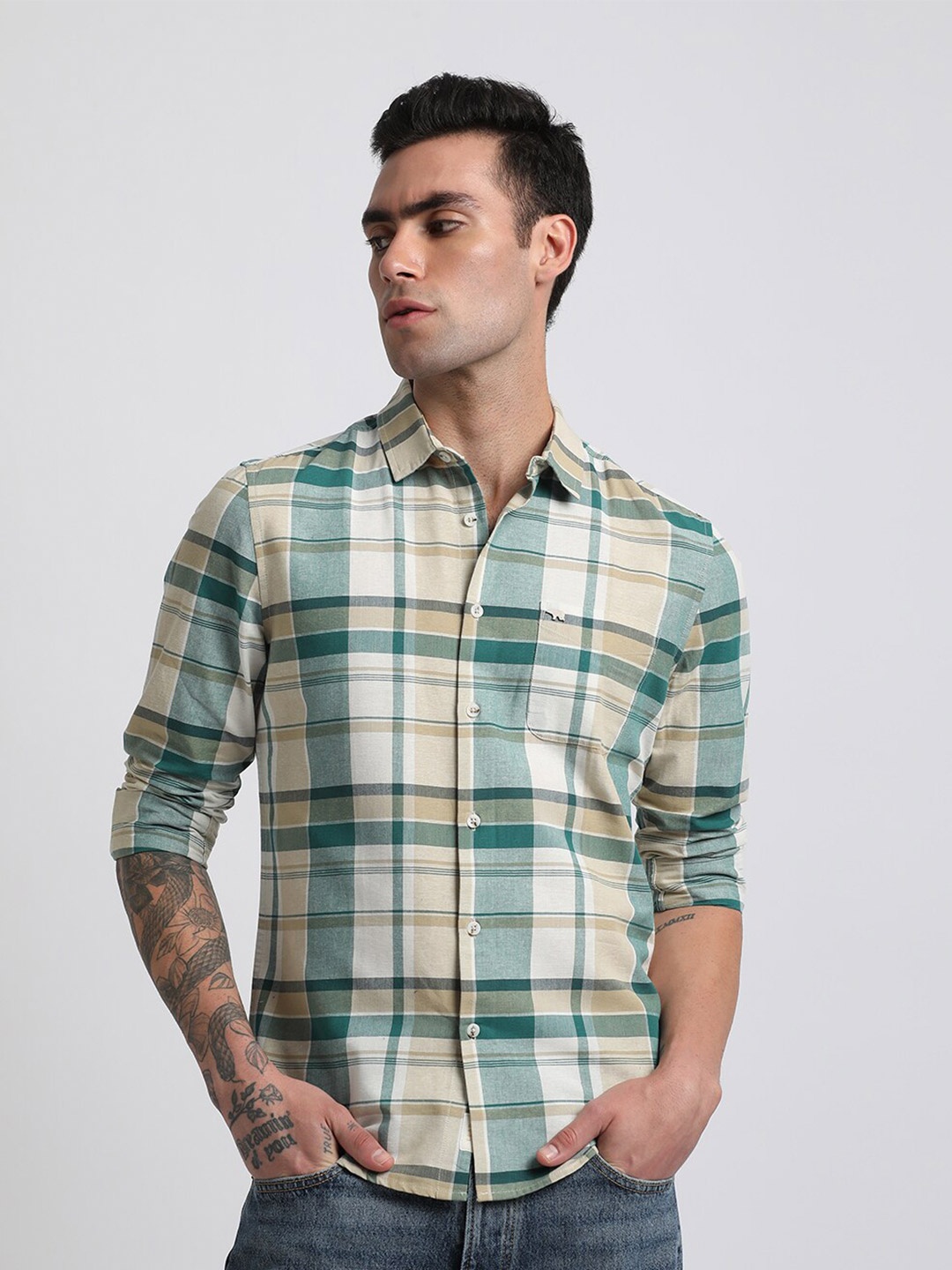 

THE BEAR HOUSE Slim Fit Tartan Checked Spread Collar Cotton Casual Shirt, Green