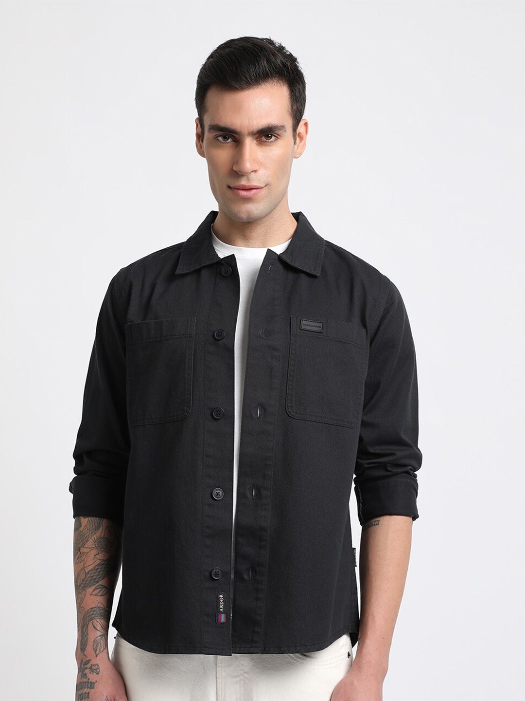 

THE BEAR HOUSE Men Solid Regular Fit Cotton Shacket, Black