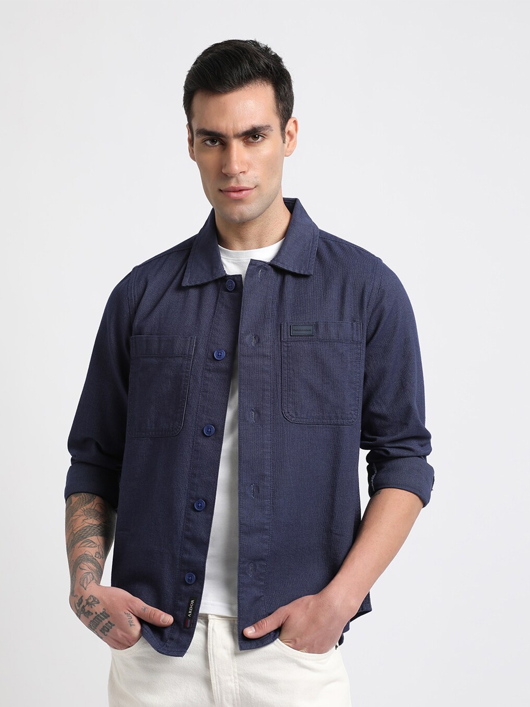 

THE BEAR HOUSE Men Solid Regular Fit Cotton Shacket, Blue