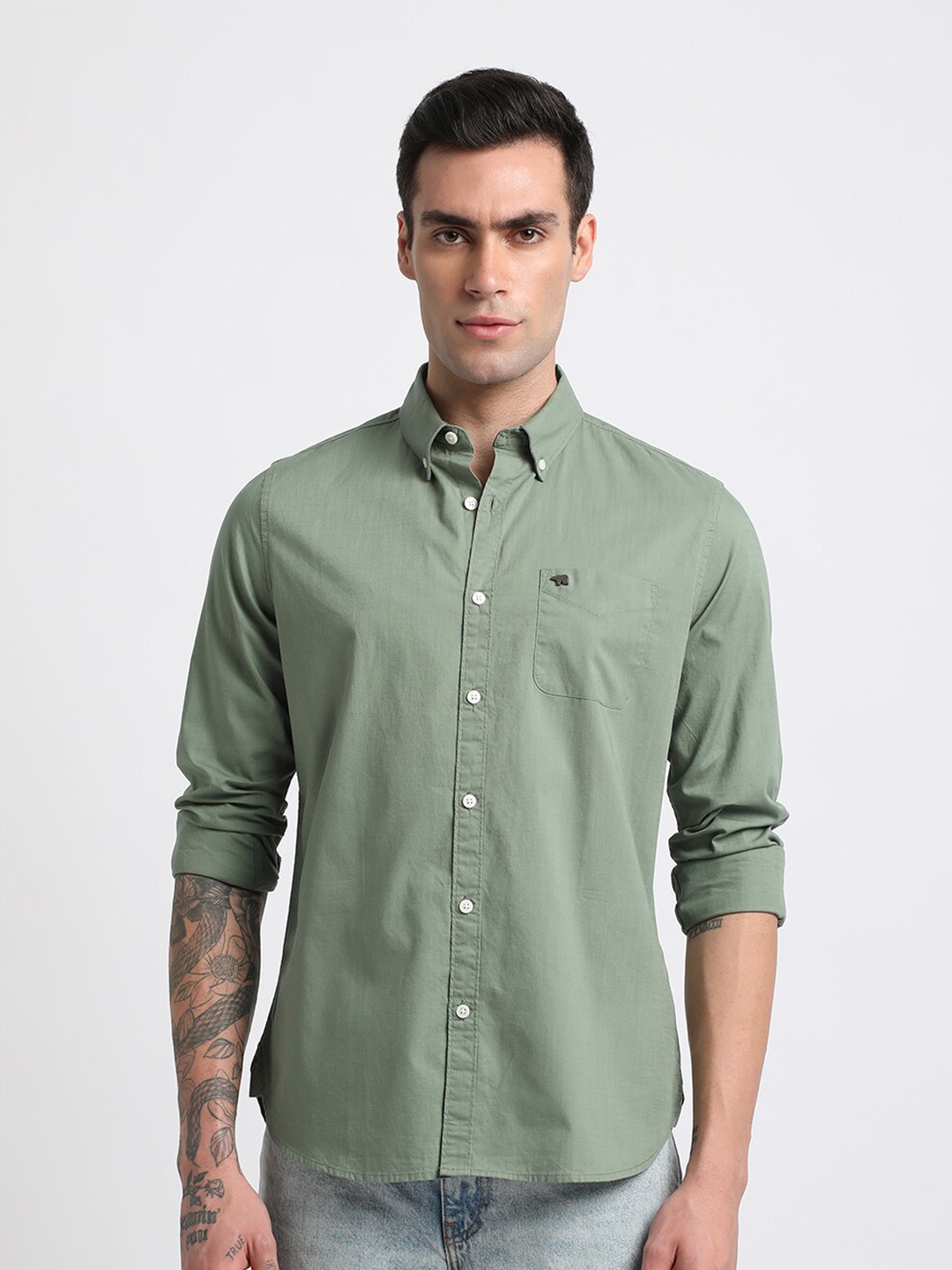 

THE BEAR HOUSE Slim Fit Pure Cotton Casual Shirt, Green