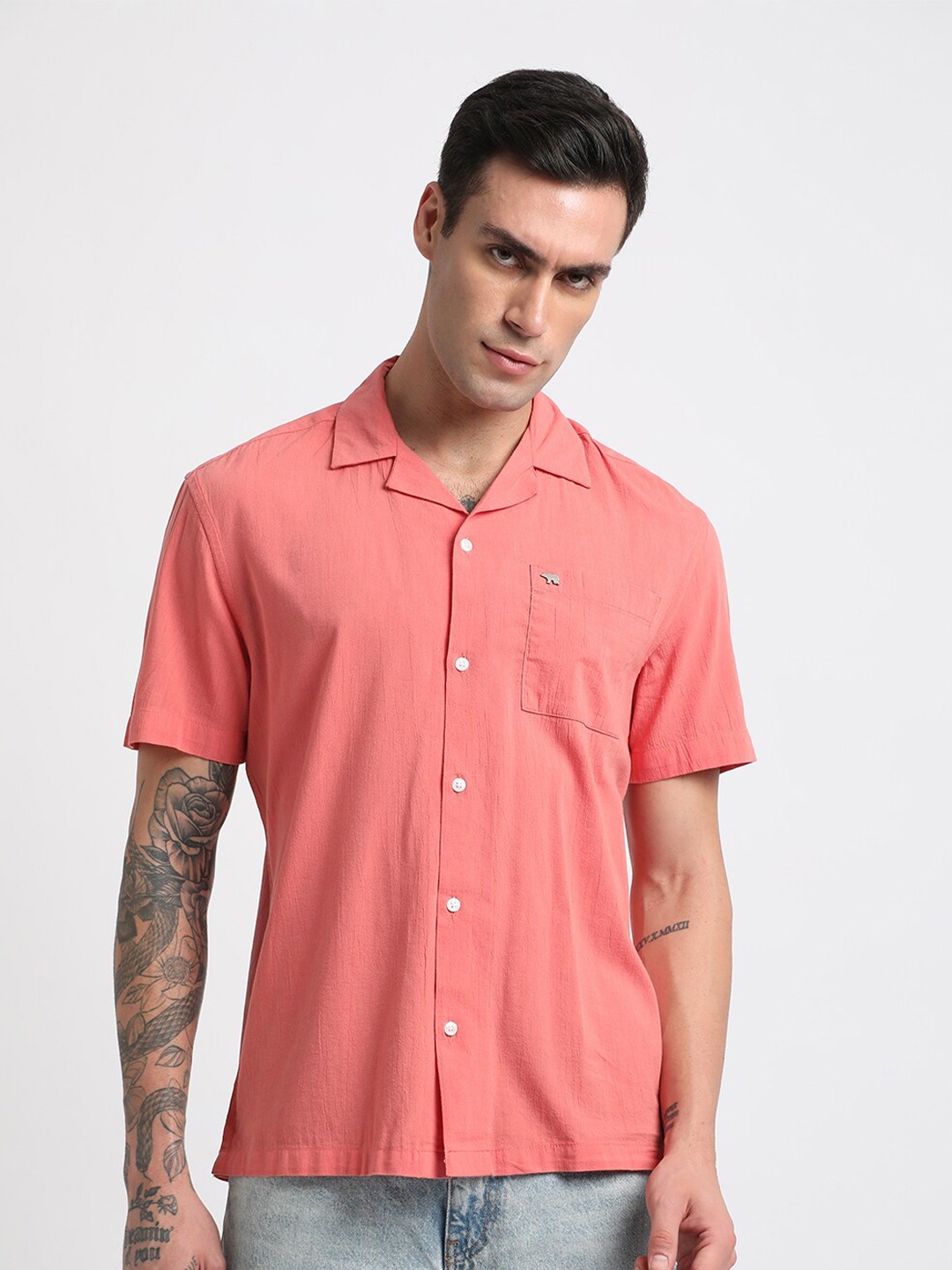 

THE BEAR HOUSE Slim Fit Cuban Collar Casual Shirt, Pink
