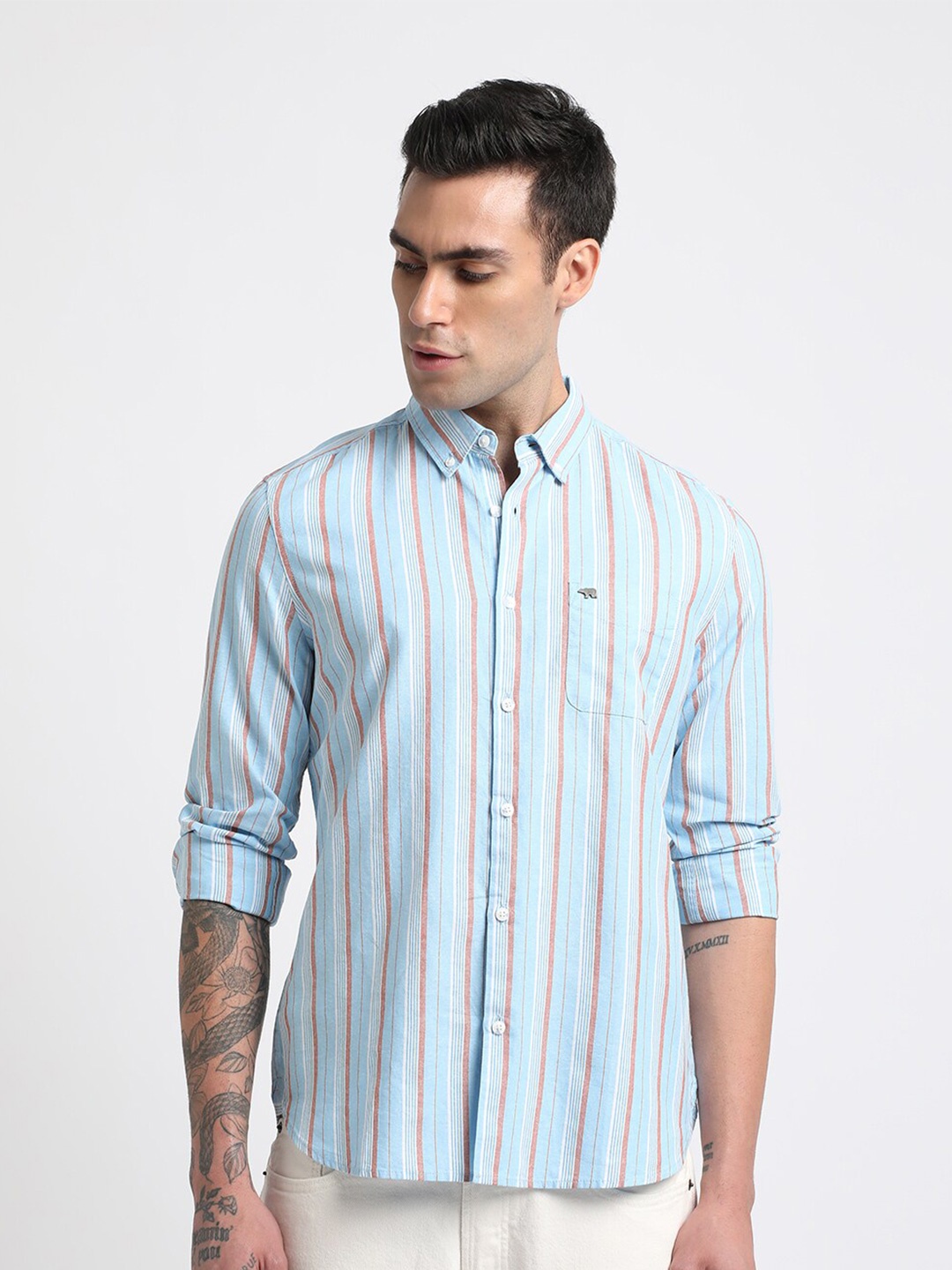 

THE BEAR HOUSE Slim Fit Striped Spread Collar Cotton Casual Shirt, Blue