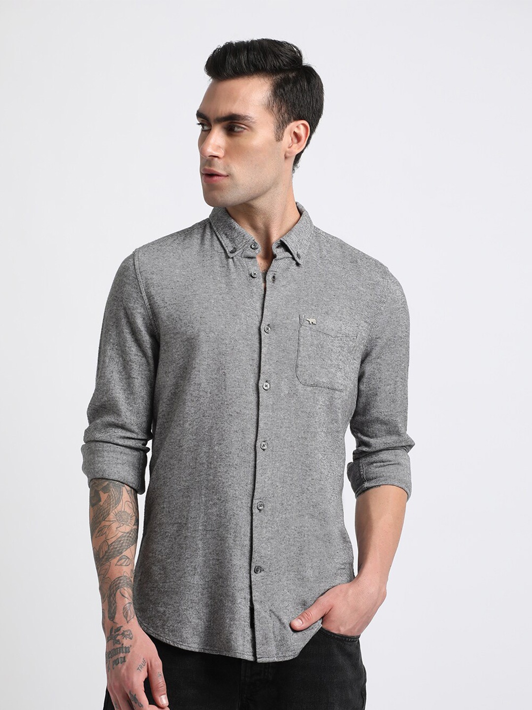 

THE BEAR HOUSE Slim Fit Flannel Cotton Casual Shirt, Grey