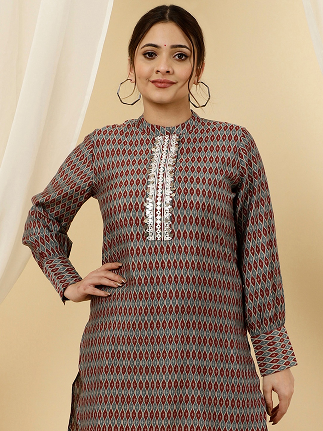

Jaipur Kurti Printed Mandarin Collar Mirror Work Tunic With Trouser, Maroon