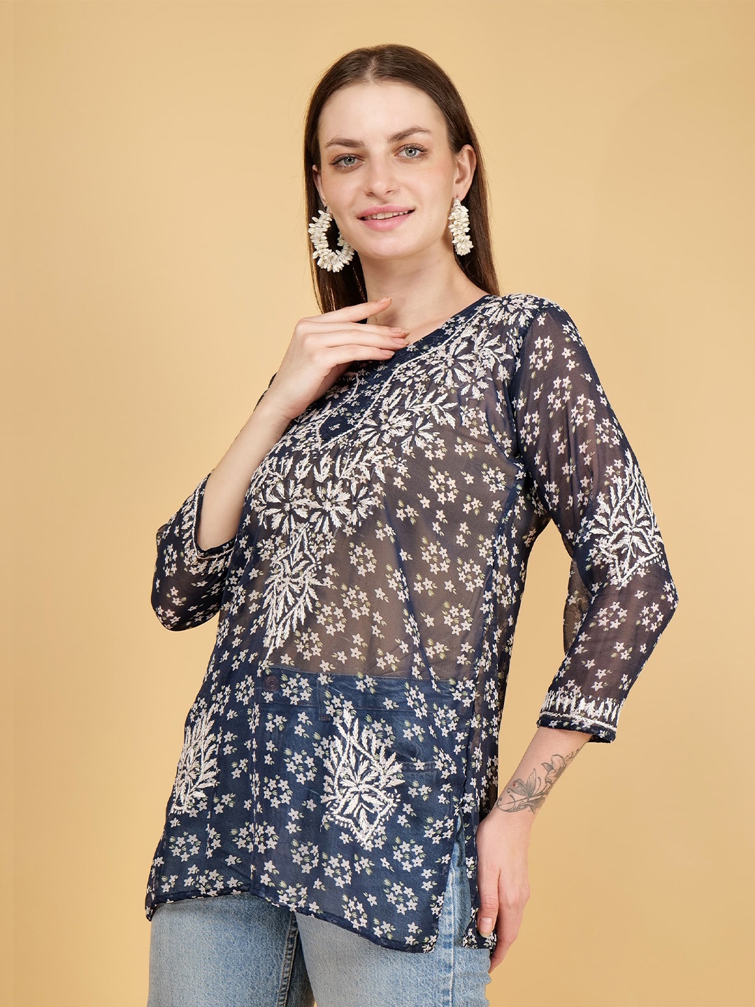 

Syrish Floral Embroidered Chikankari Pure Georgette Straight Kurti, Navy blue
