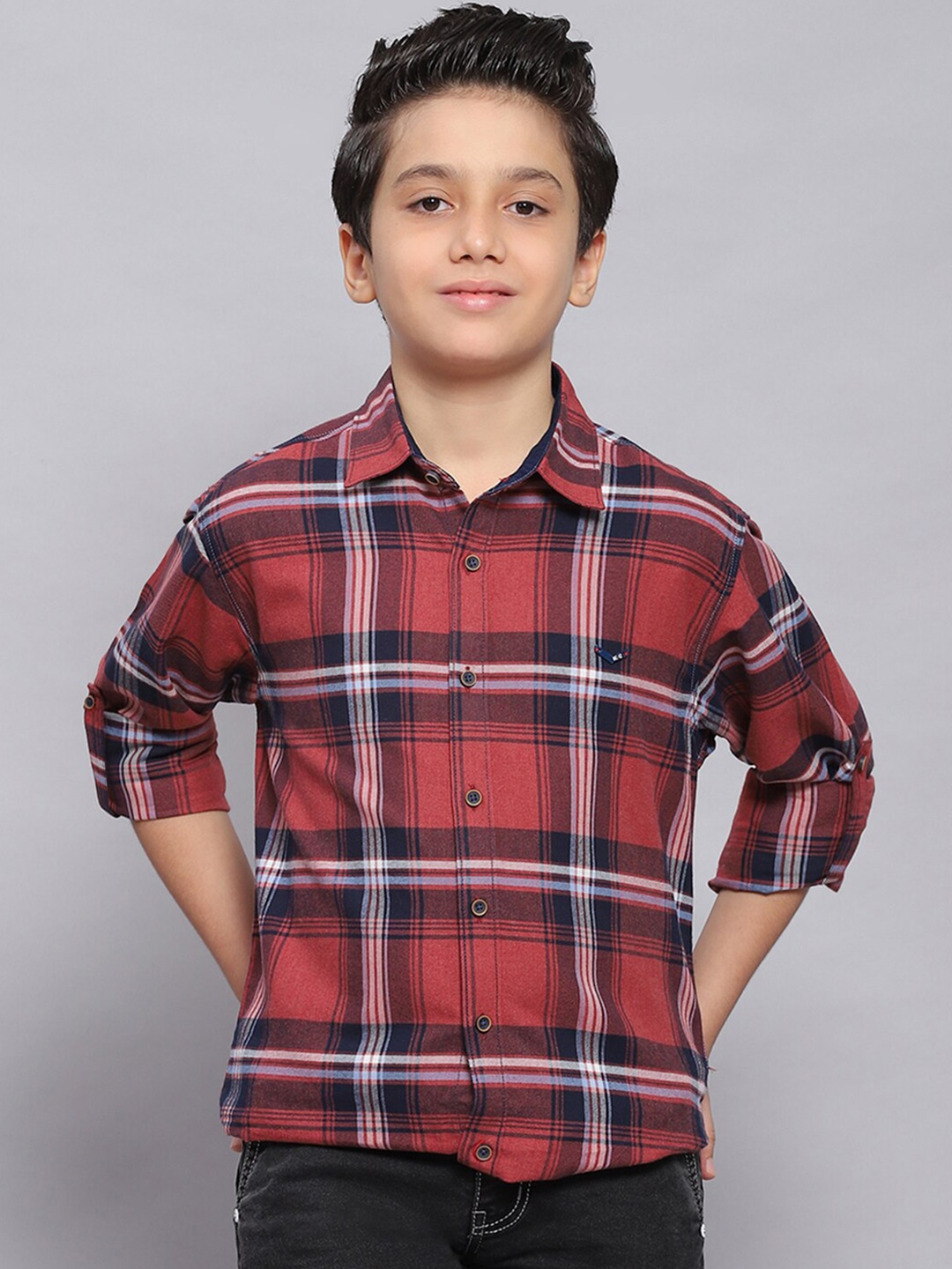

Monte Carlo Boys Tartan Checks Classic Slim Fit Pure Cotton Casual Shirt, Red