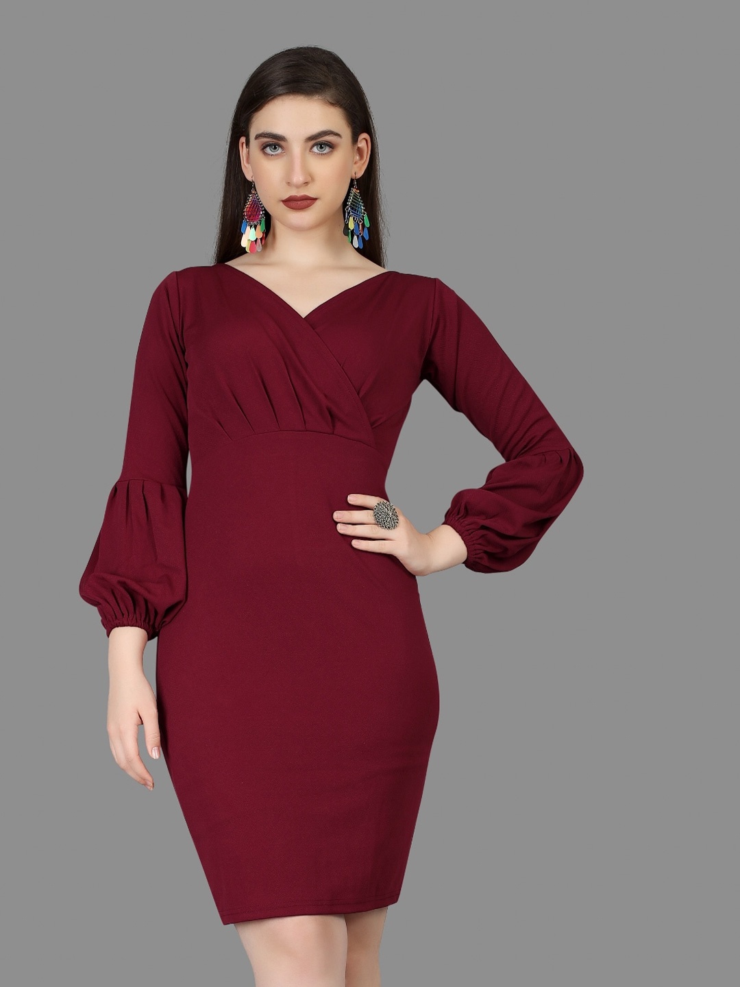 

APNISHA V-Neck Puff Sleeves Sheath Dress, Maroon