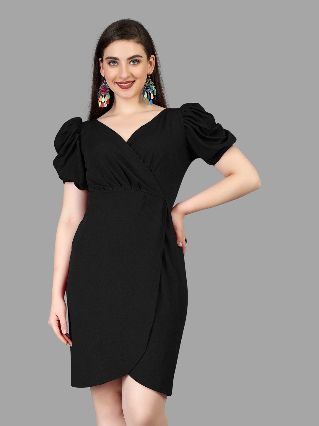 

APNISHA Puff Sleeves V-Neck Wrap Dress, Black