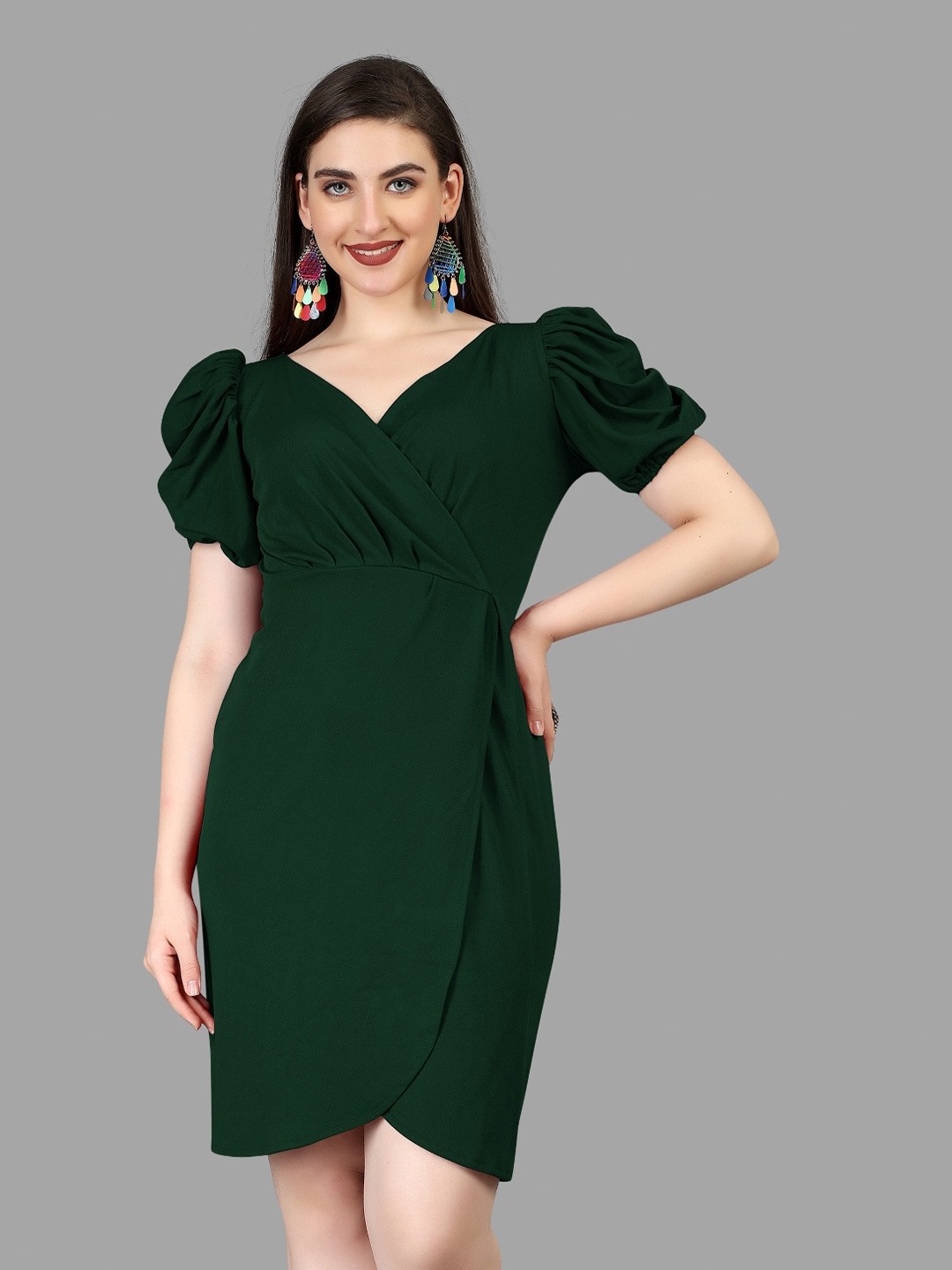 

APNISHA V-Neck Puff Sleeves Sheath Dress, Green