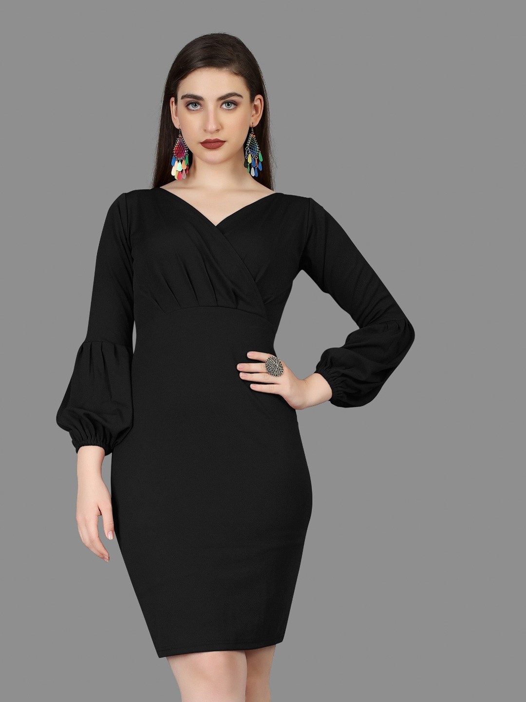 

APNISHA V-Neck Puff Sleeves Sheath Dress, Black