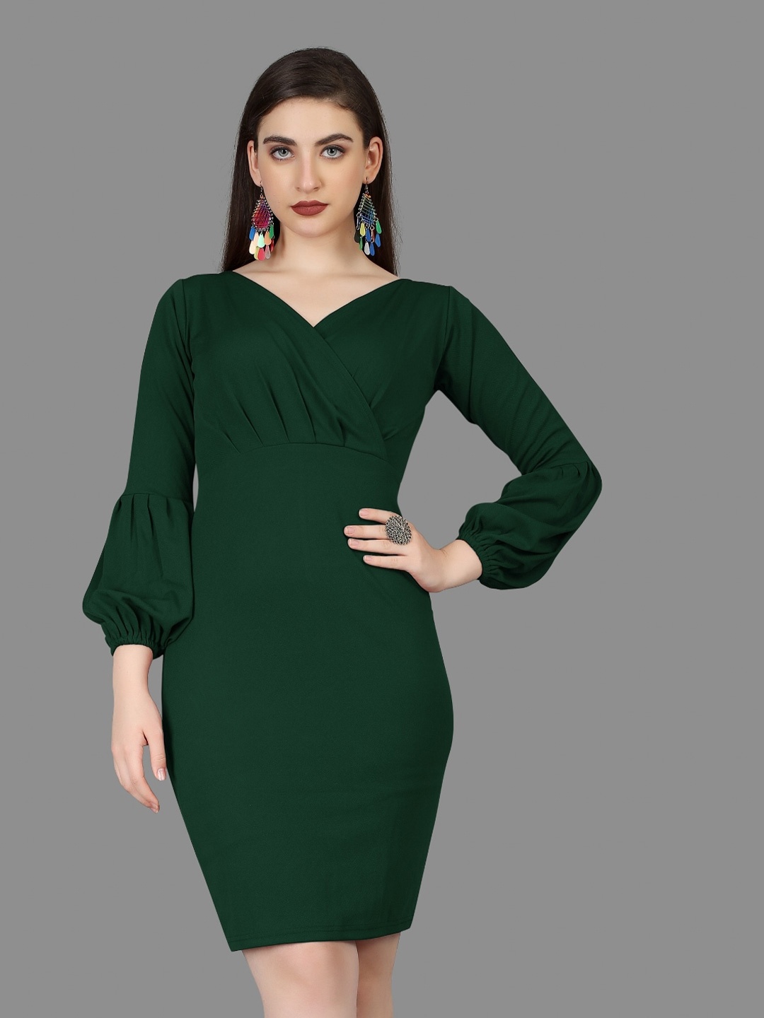 

APNISHA V-Neck Puff Sleeves Sheath Dress, Green