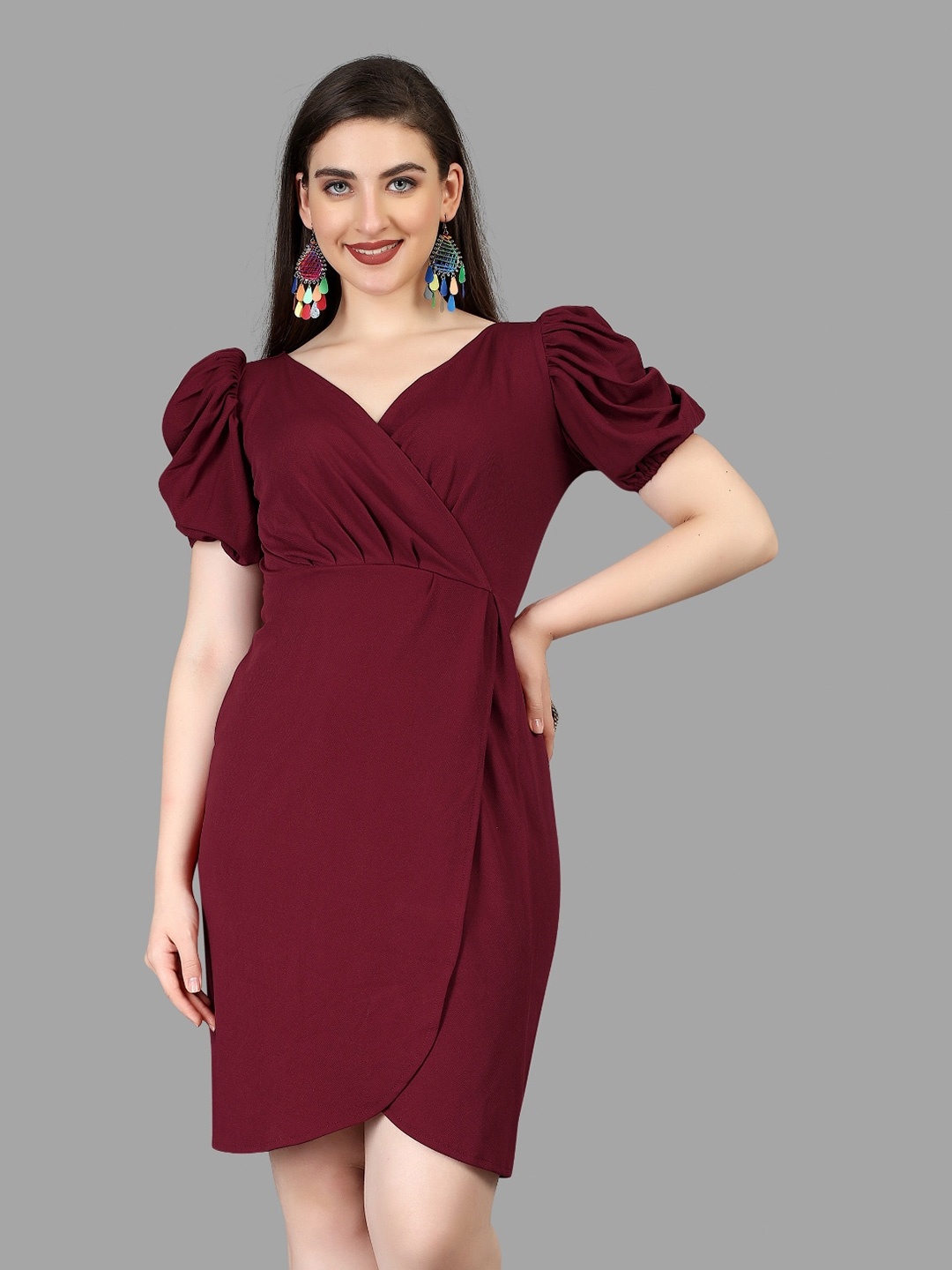 

APNISHA Puff Sleeves V-Neck Wrap Dress, Maroon