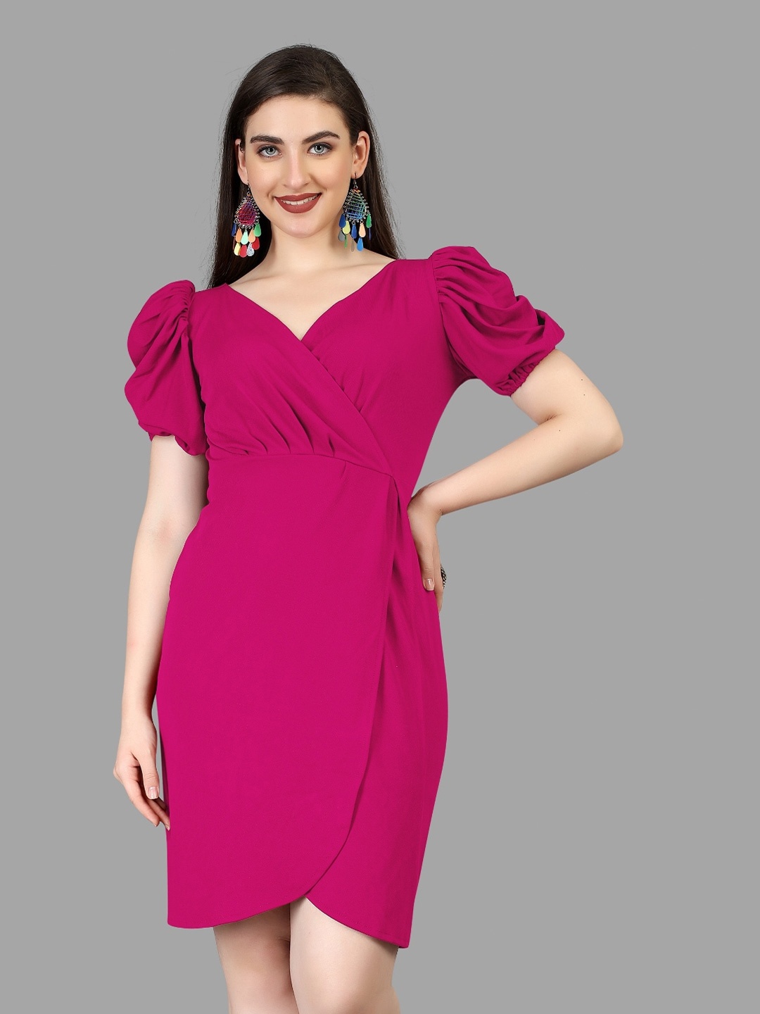 

APNISHA Puff Sleeves V-Neck Wrap Dress, Pink