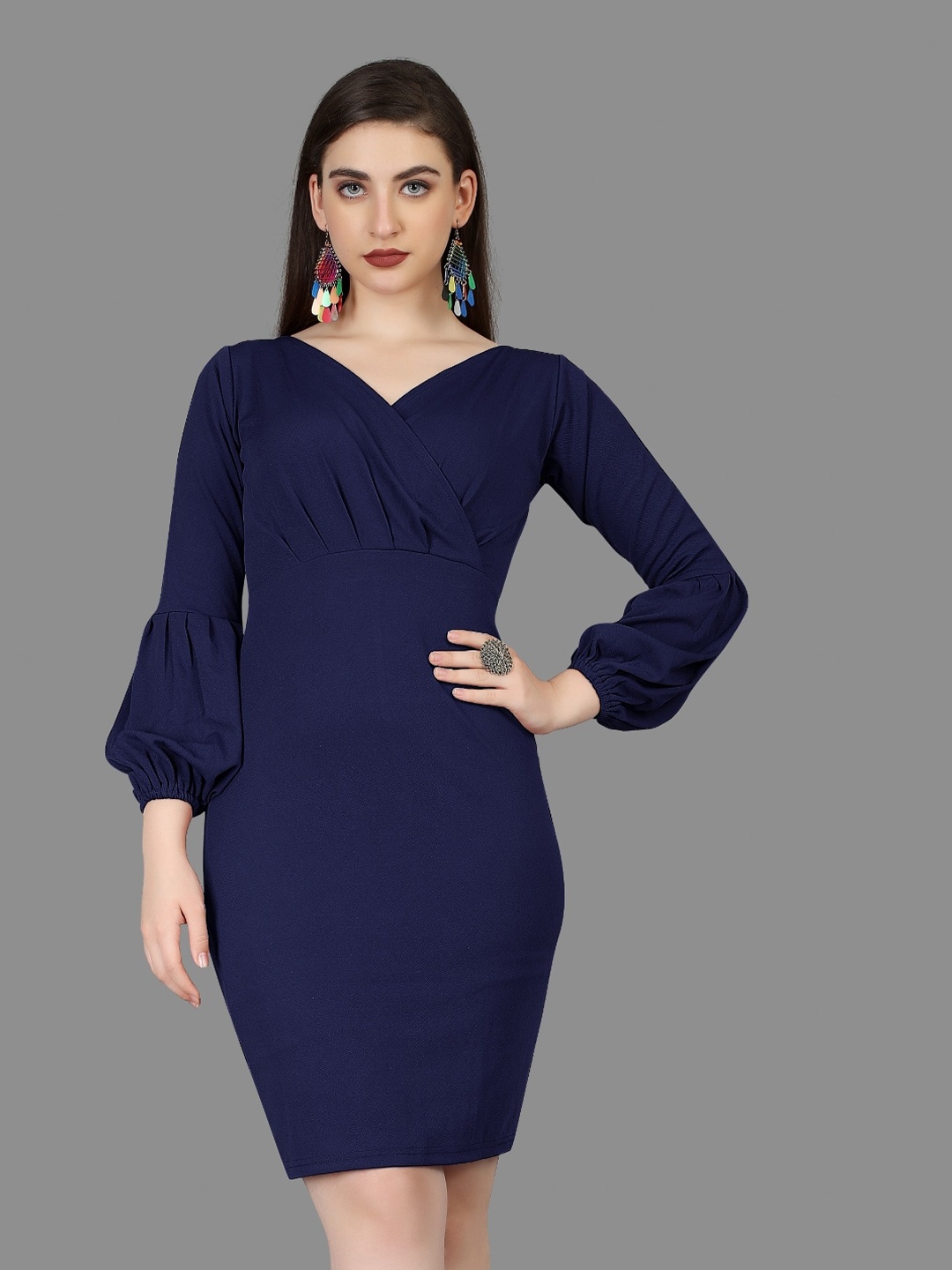 

APNISHA V-Neck Bell Sleeve Sheath Dress, Blue