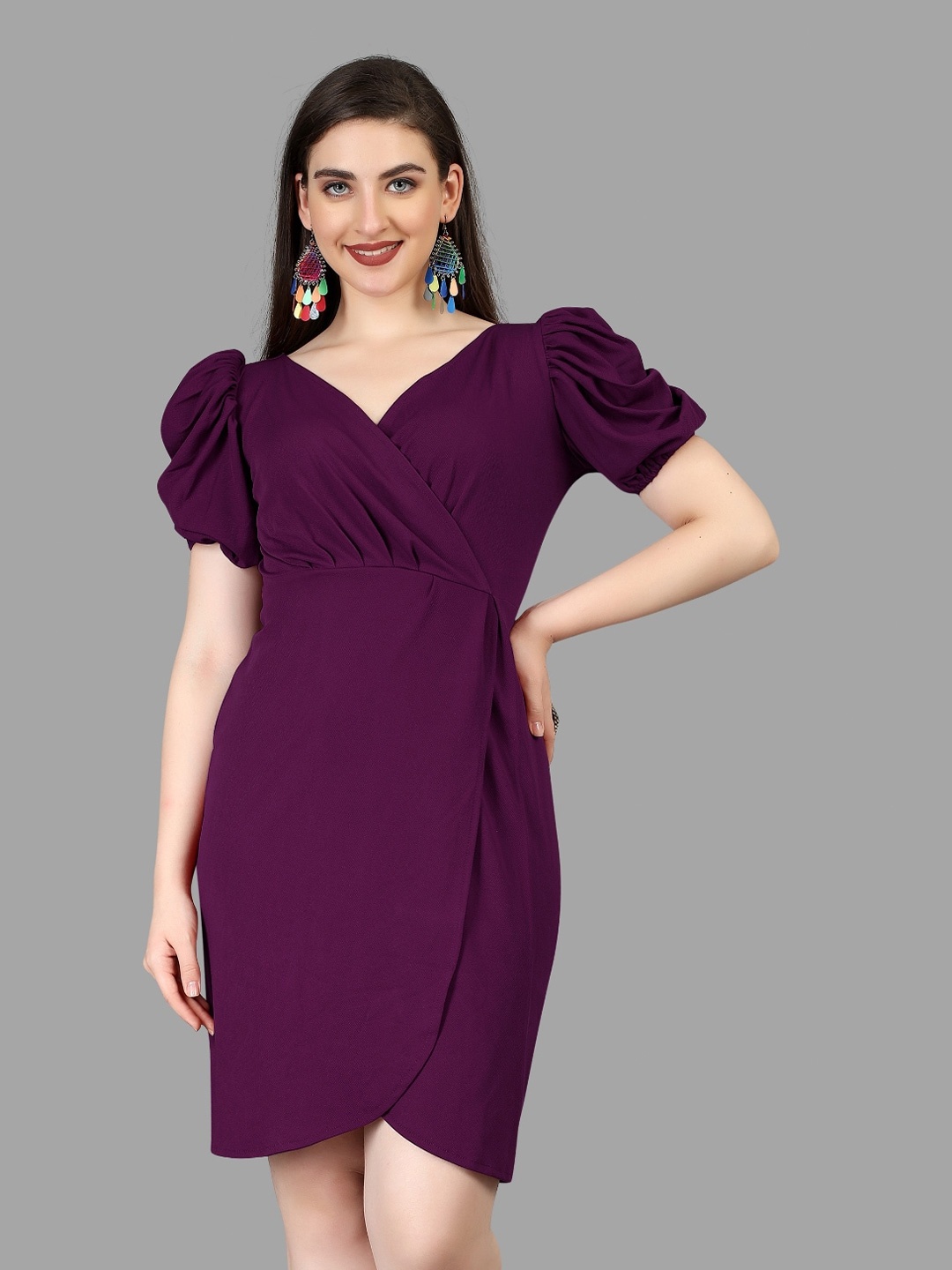 

APNISHA V-Neck Puff Sleeves Sheath Dress, Purple