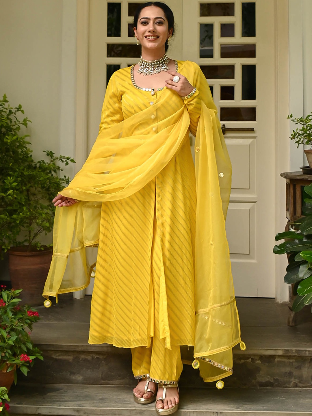 

Urbanstree Striped Regular Mirror Work Kurta with Trousers & With Dupatta, Yellow
