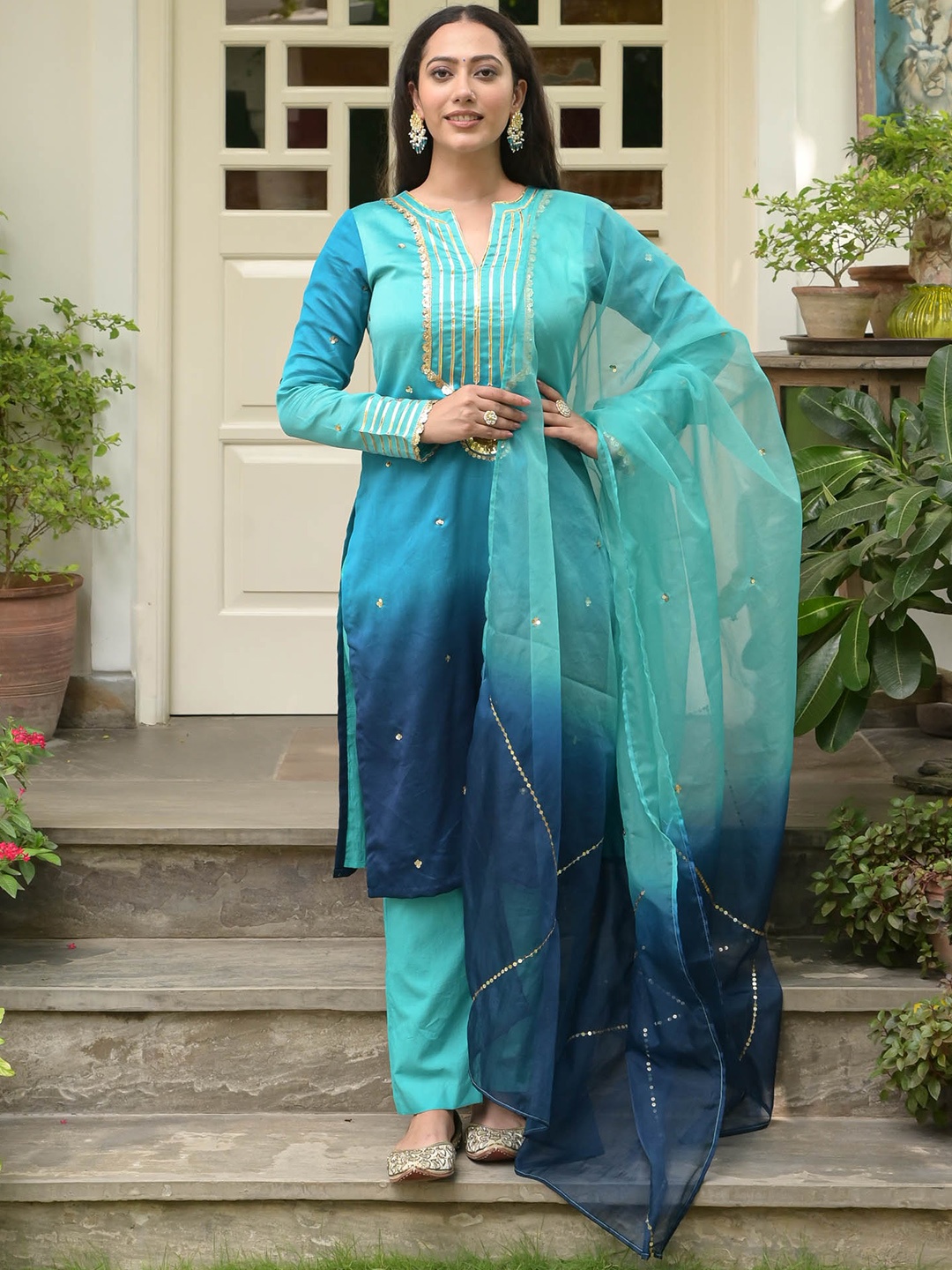 

Urbanstree Ombre Regular Gotta Patti Kurta with Trousers & With Dupatta, Sea green