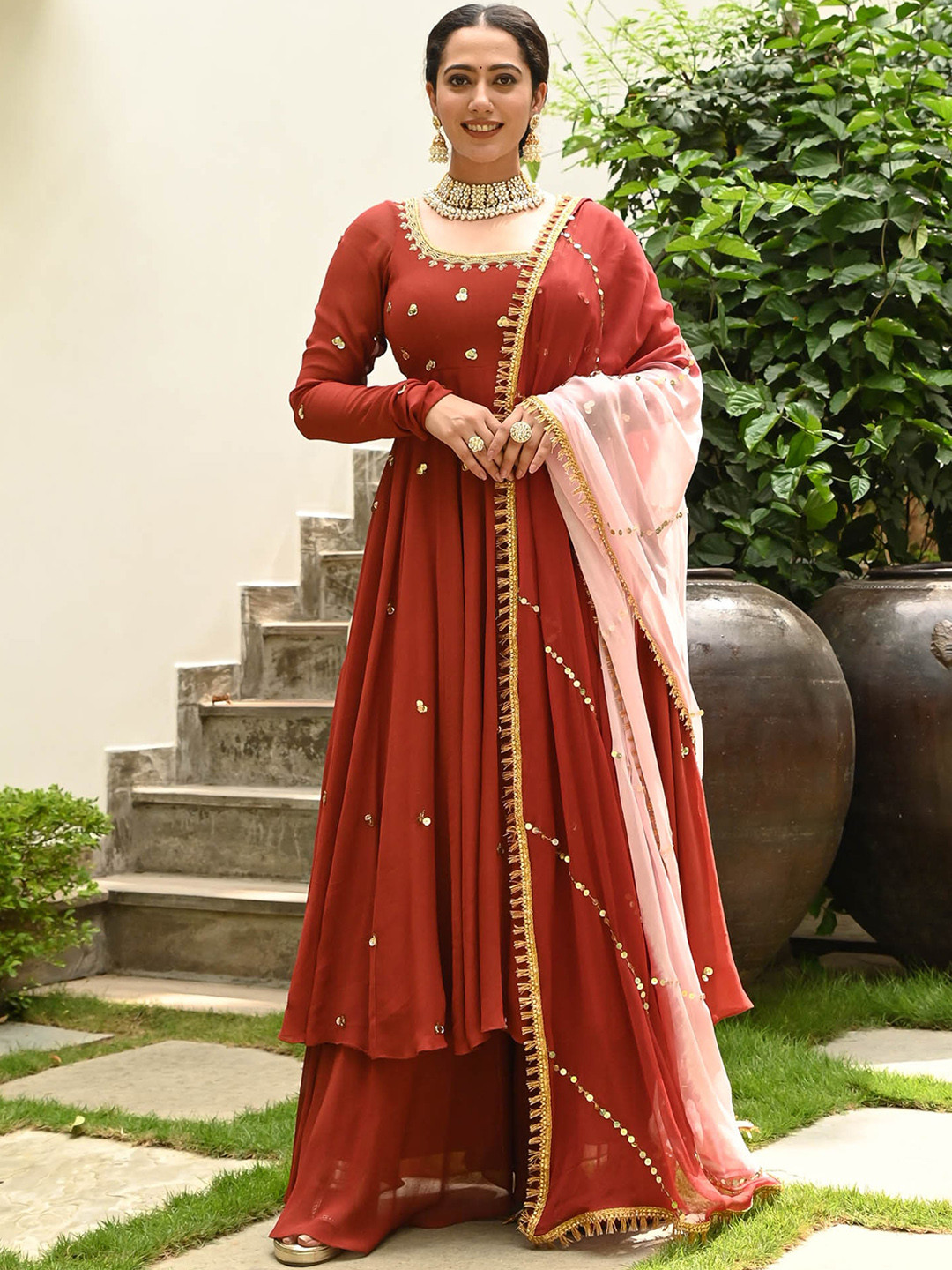 

Urbanstree Regular Sequinned Kurta & Palazzos With Dupatta, Brown