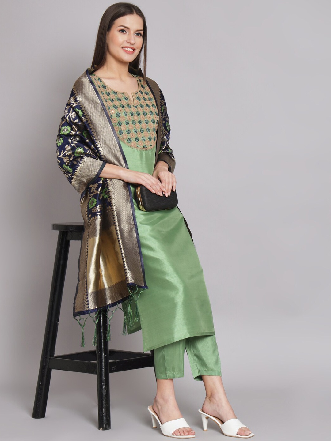 

KALINI Embroidered Regular Kurta with Trousers & With Dupatta, Green