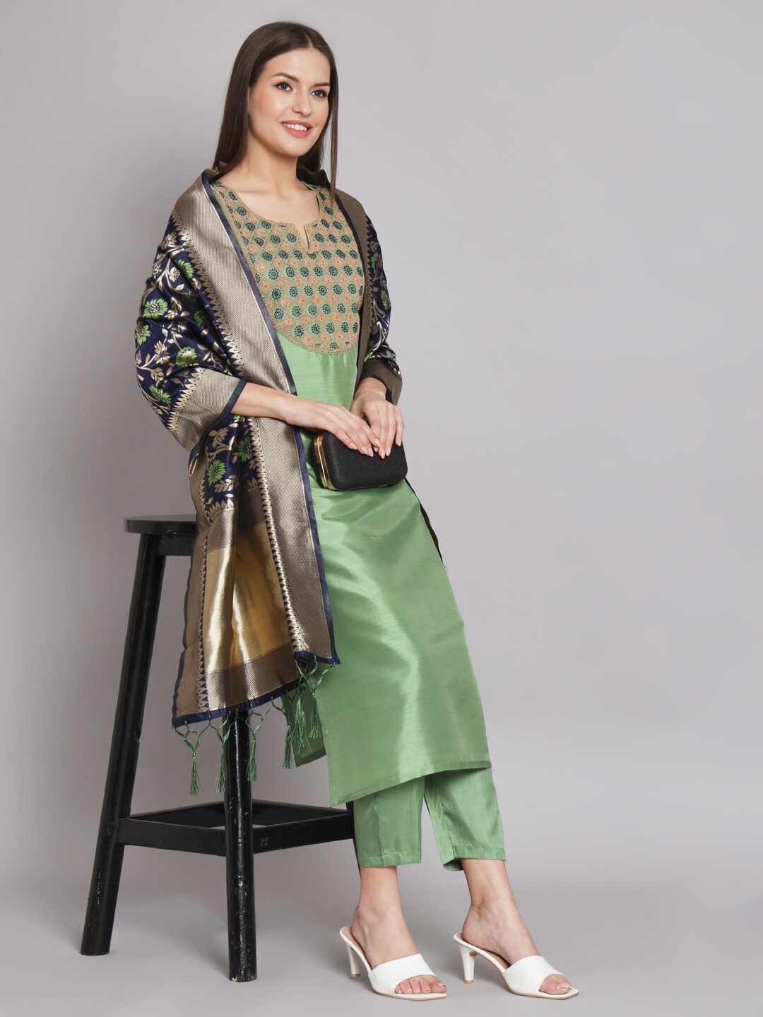 

KALINI Ethnic Motifs Embroidered Kurta with Trousers & Dupatta, Green