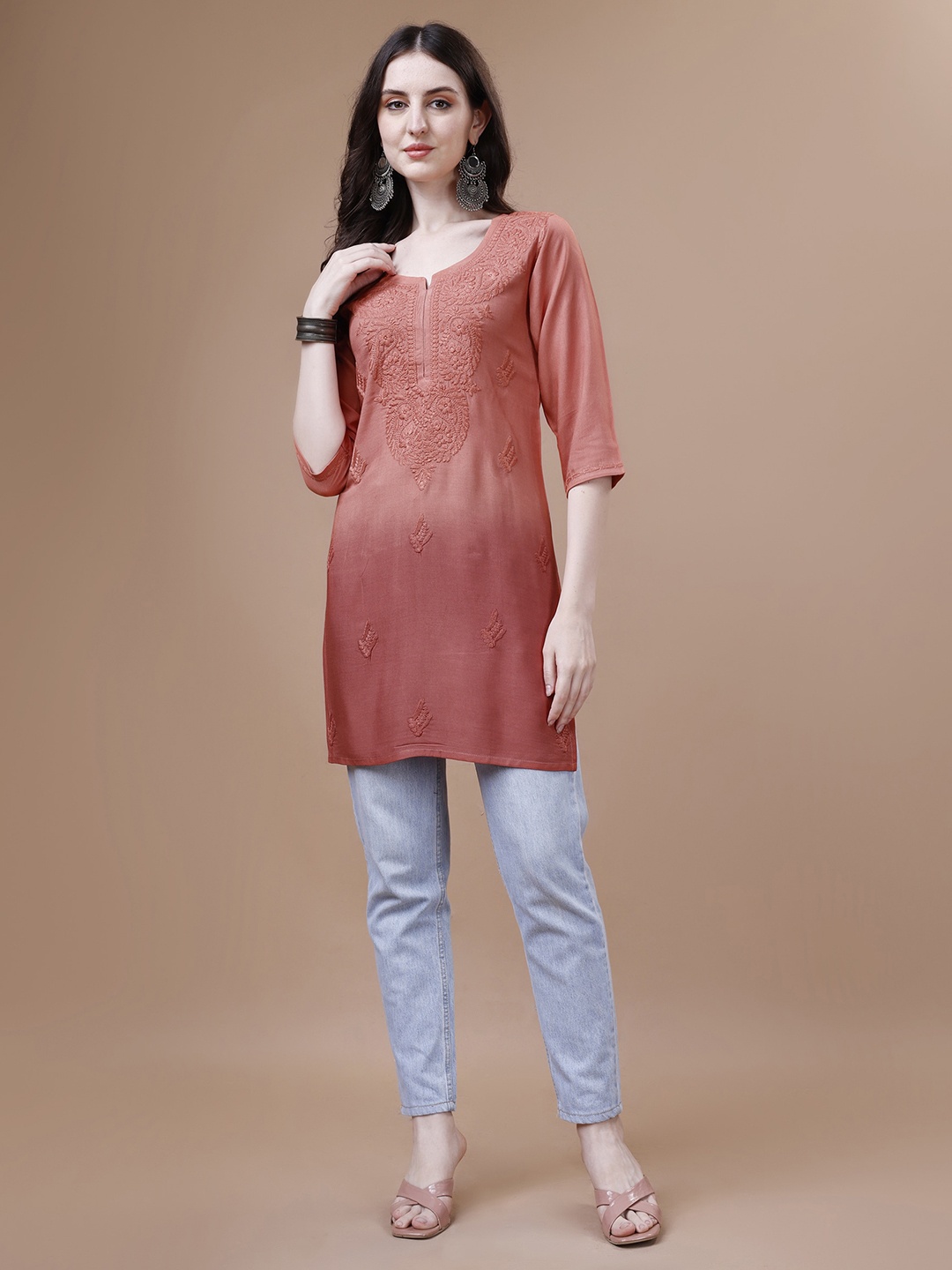 

SAZRIKA Floral Embroidered Chikankari Straight Kurti, Brown