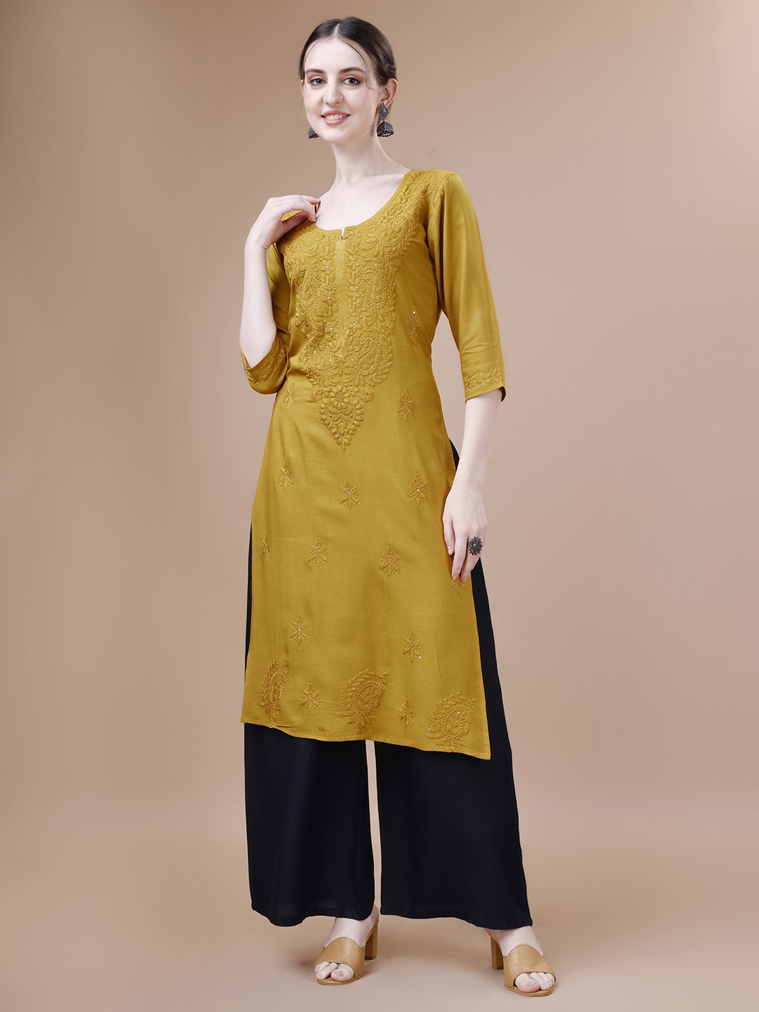 

SAZRIKA Floral Embroidered Chikankari Straight Kurta, Mustard