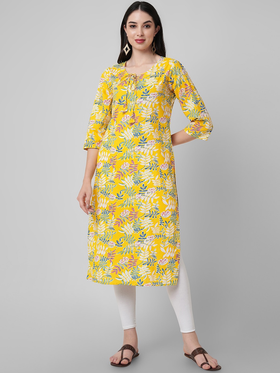 

Amayra Women Floral Printed Tie Up Neck Straight Kurta, Yellow