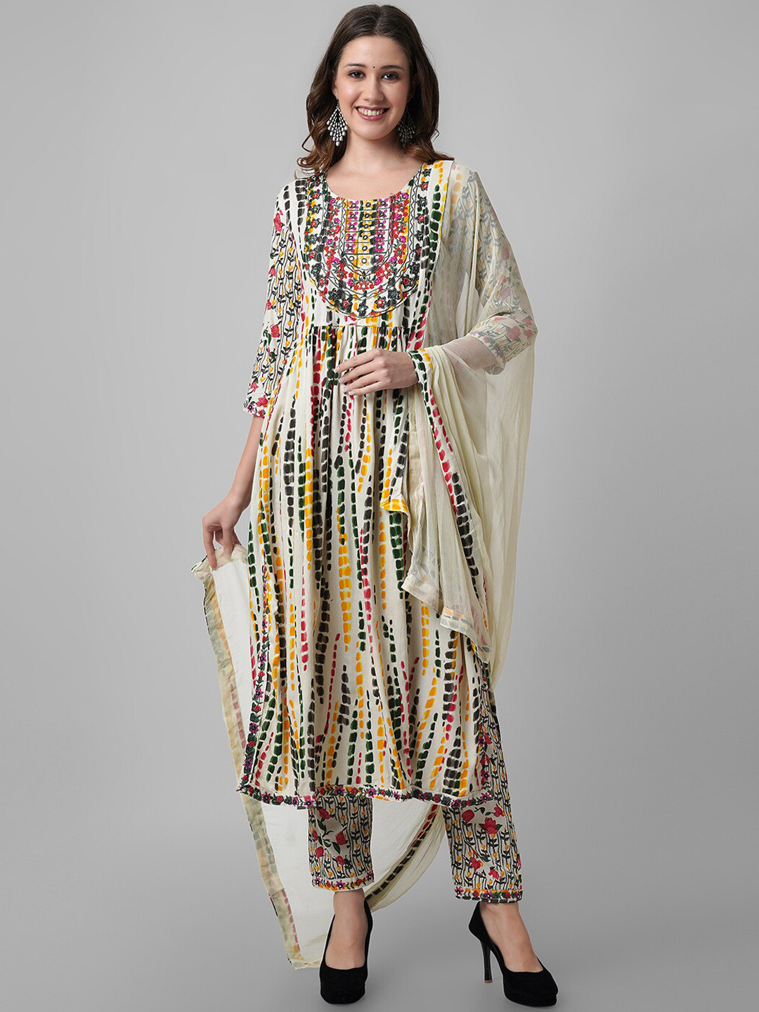 

Amayra Women Abstract Printed Thread Work Kurta with Trousers & Dupatta, White