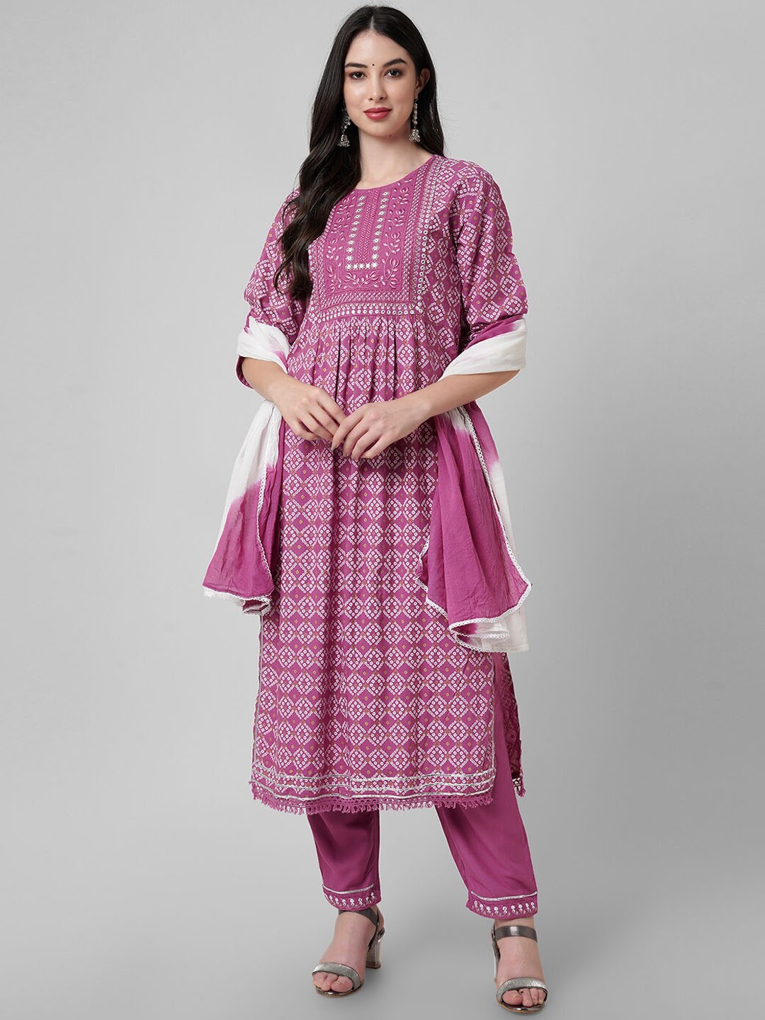 

Amayra Women Bandhani Printed Sequinned Kurta with Trousers & Dupatta, Pink