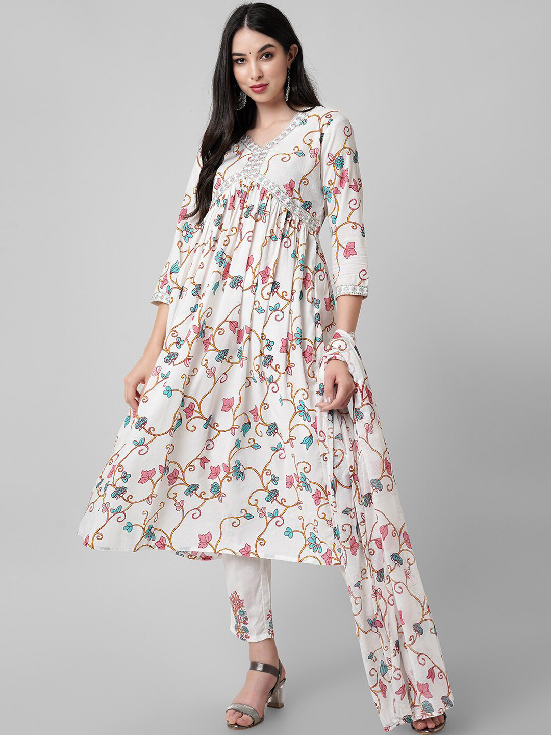 

Amayra Women Floral Printed Pure Cotton A-Line Kurta With Trousers & Dupatta, White