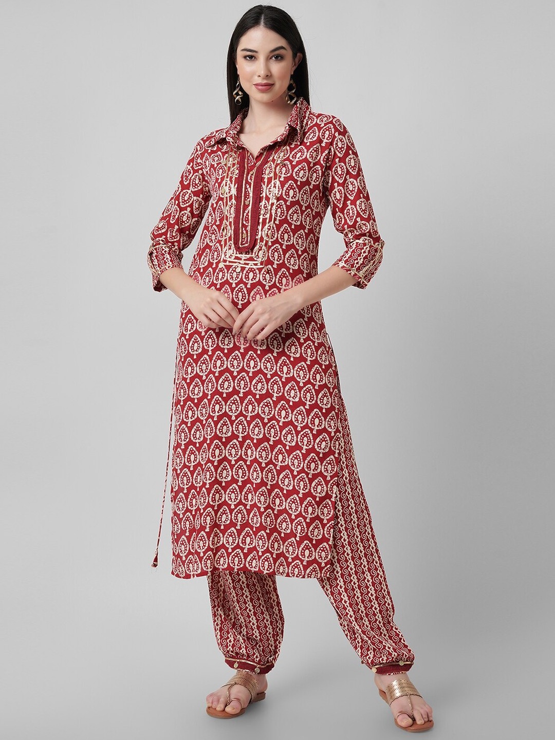 

Amayra Women Ethnic Motifs Printed Shirt Collar Gotta Patti Regular Kurta with Trousers, Red