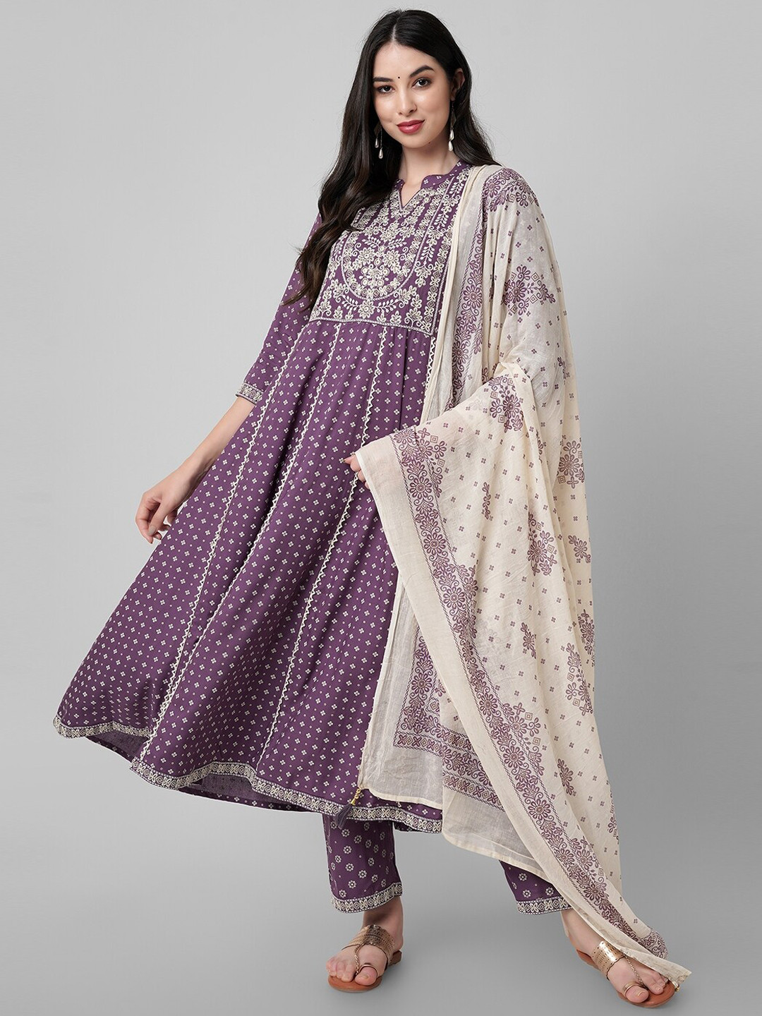 

Amayra Women Bandhani Printed Thread Work Anarkali Kurta With Trousers & Dupatta, Purple