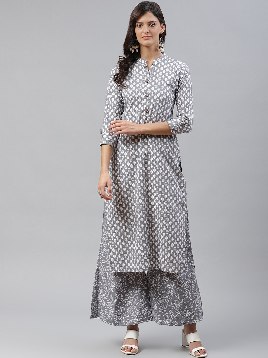 

KALINI Floral Printed Mandarin Collar Pure Cotton Kurta with Palazzos, Grey