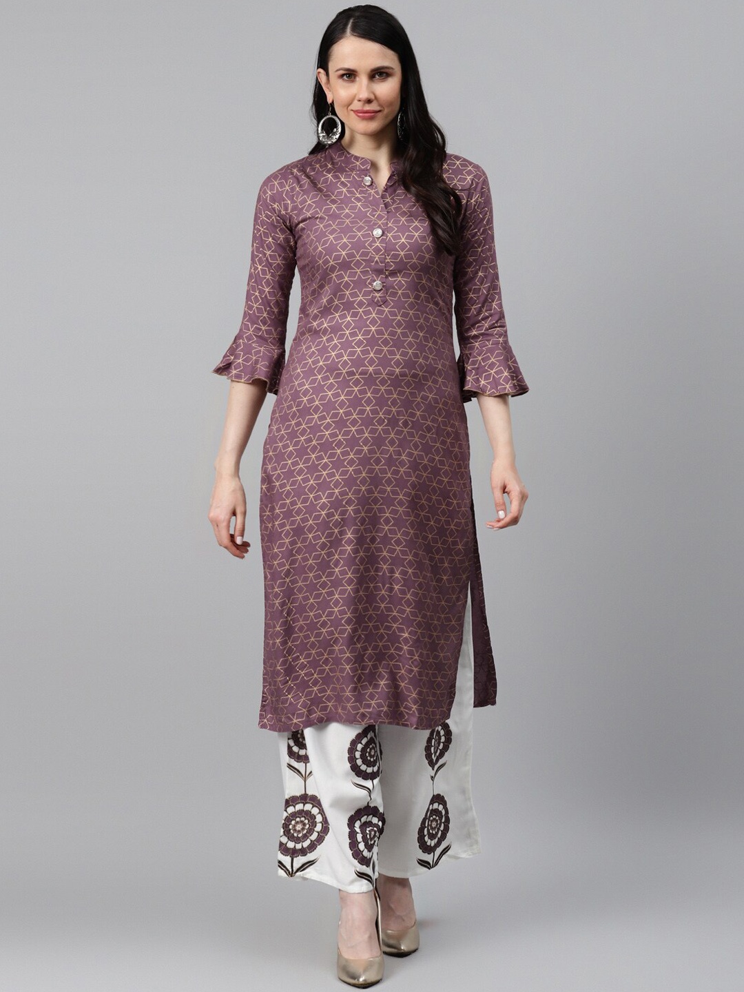 

KALINI Geometric Printed Mandarin Collar Regular Kurta With Palazzos, Purple