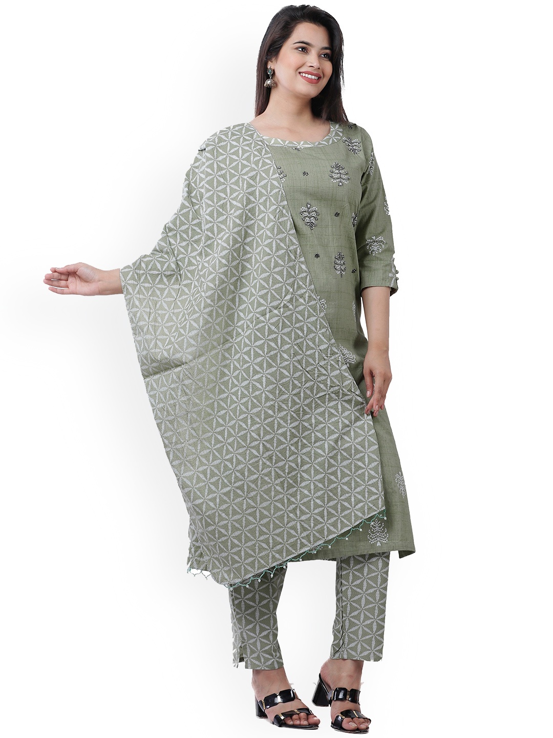 

KALINI Ethnic Motifs Embroidered Pure Cotton Straight Kurta With Trousers & Dupatta, Green