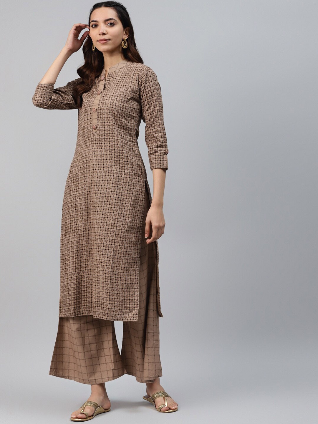 

KALINI Ethnic Motifs Printed Pure Cotton Kurta with Palazzos, Brown