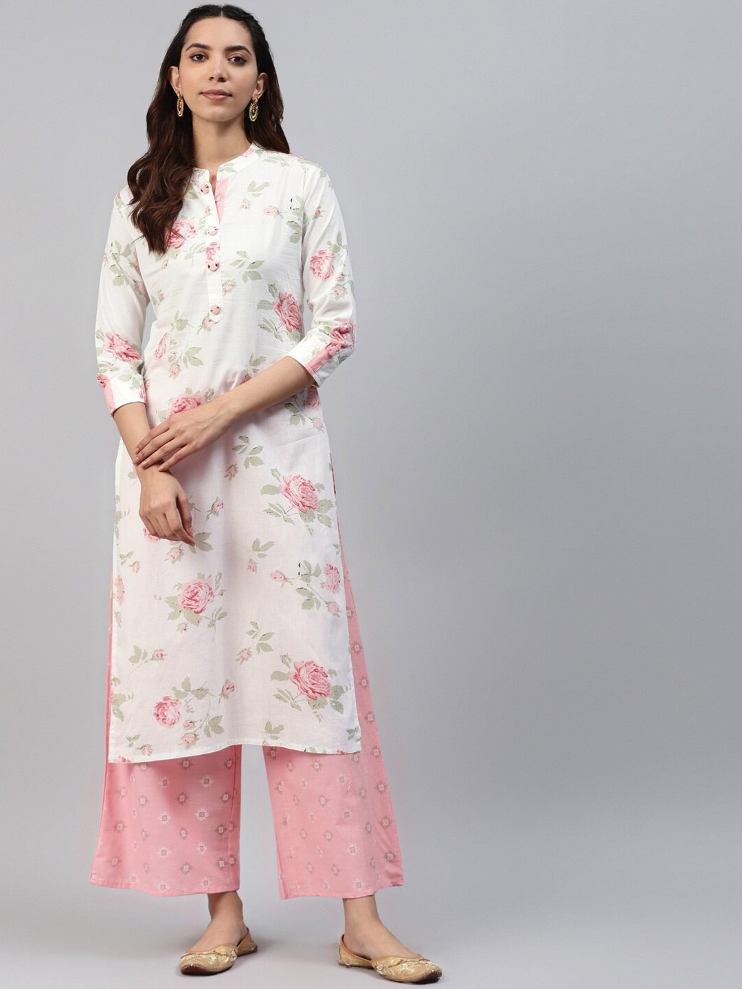 

KALINI Floral Printed Mandarin Collar Pure Cotton Kurta with Palazzos, Pink
