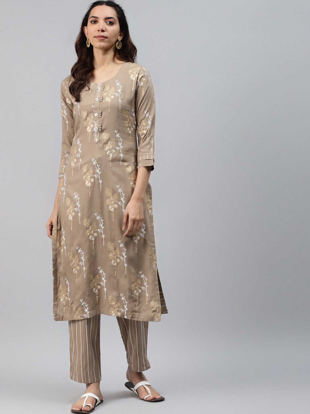 

KALINI Floral Printed Regular Kurta With Trousers, Brown