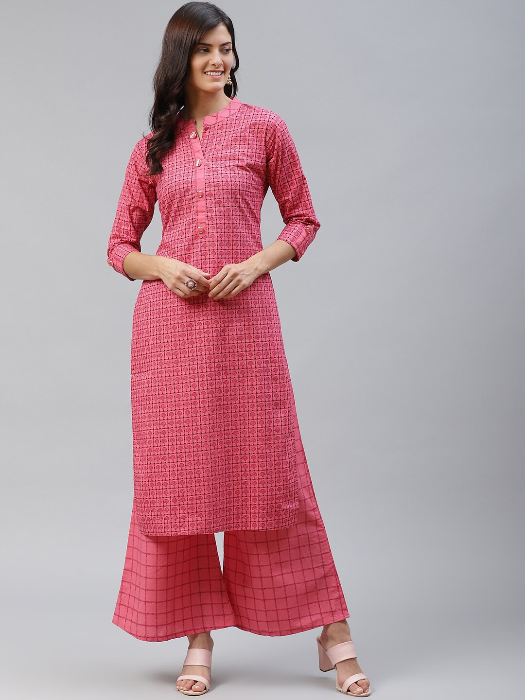

KALINI Ethnic Motifs Printed Mandarin Collar Pure Cotton Kurta with Palazzos, Pink