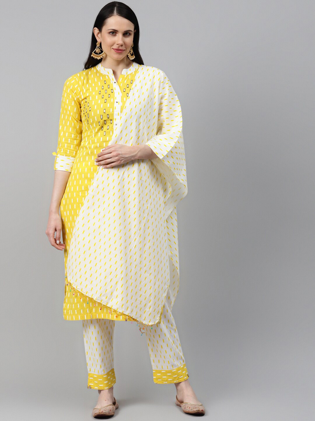 

KALINI Geometric Printed Pure Cotton Kurta & Trousers With Dupatta, Yellow