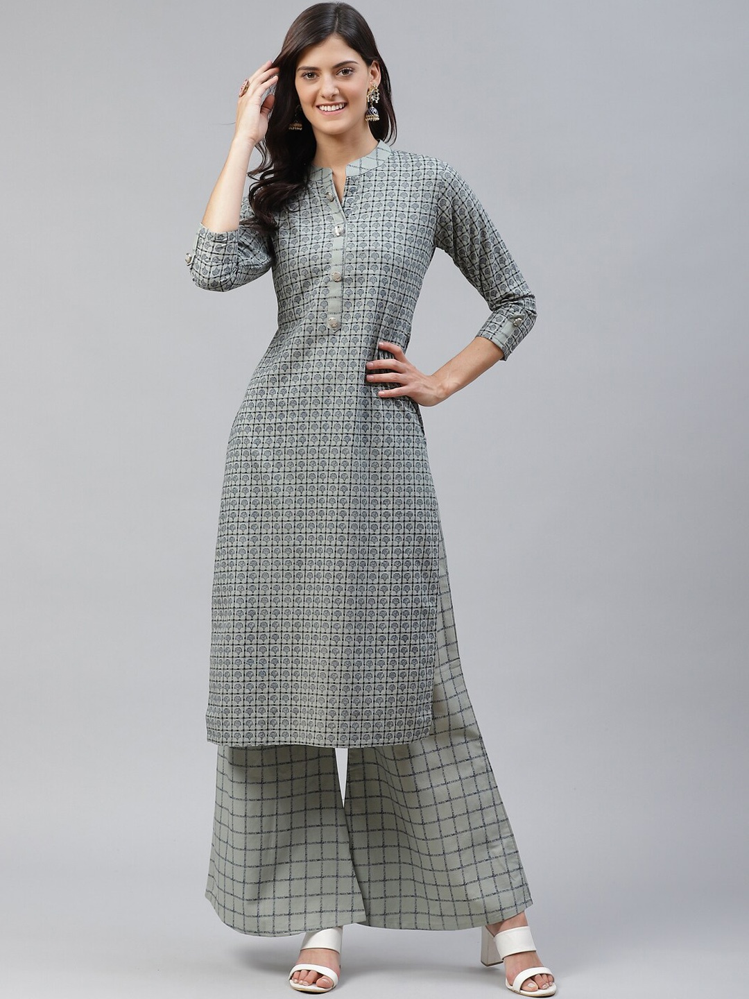 

KALINI Floral Printed Pure Cotton Regular Kurta with Palazzos, Grey