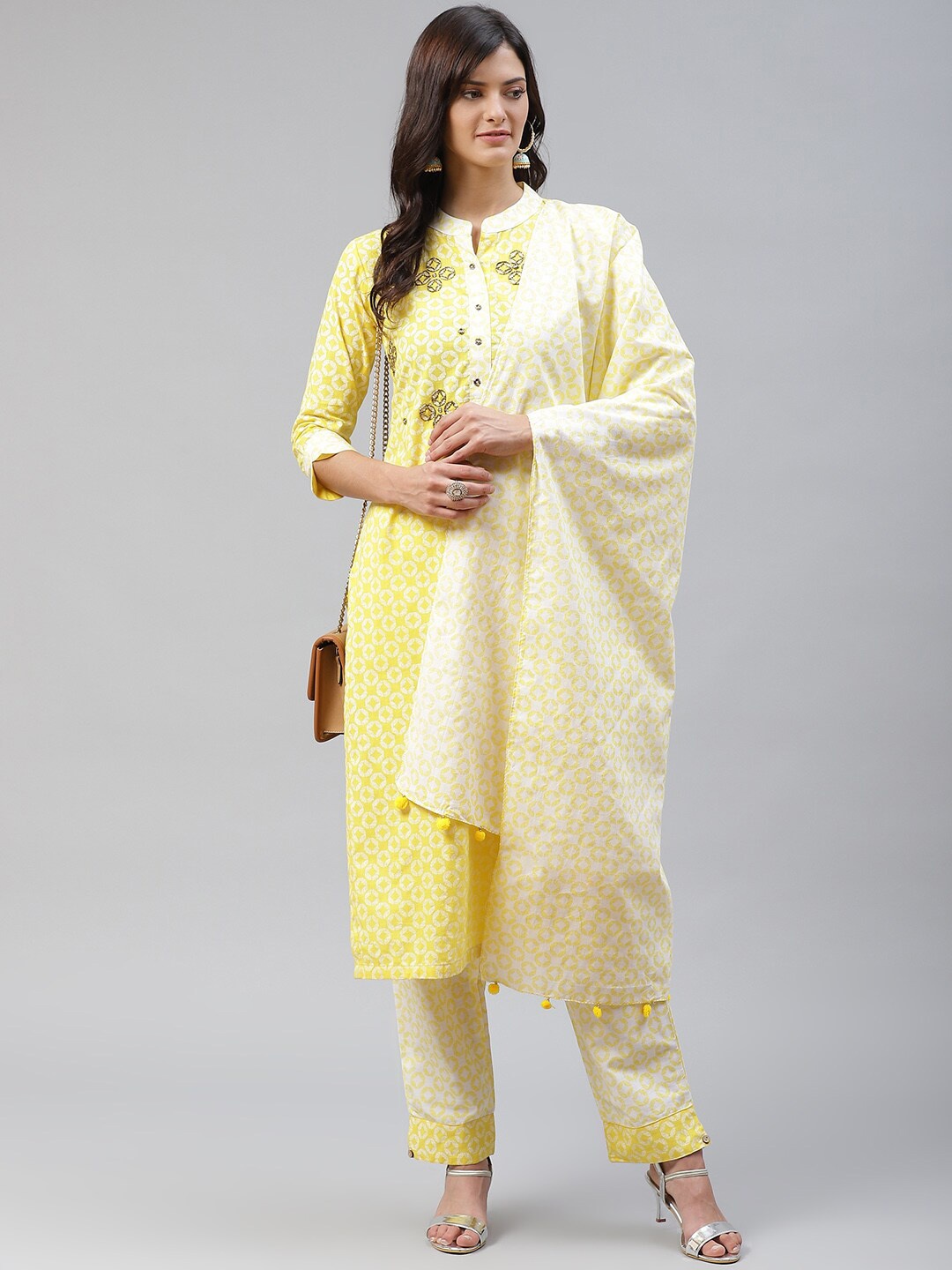 

KALINI Embroidered Beads and Stones Pure Cotton Kurta with Trousers & Dupatta, Yellow