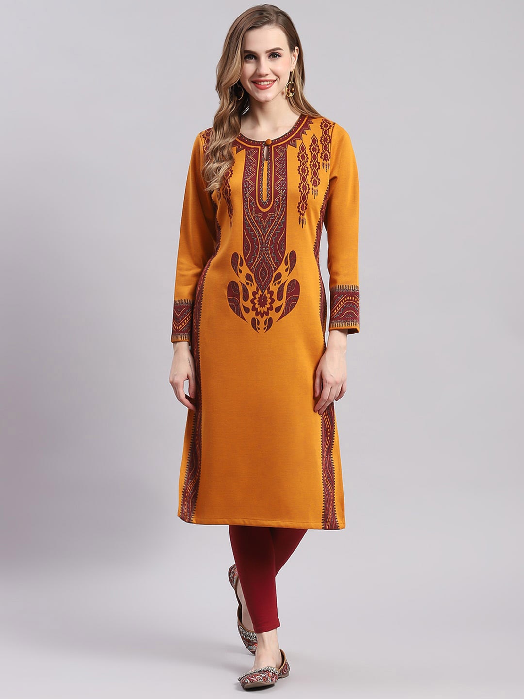 

Monte Carlo Ethnic Motifs Printed Wool Straight Kurta, Mustard