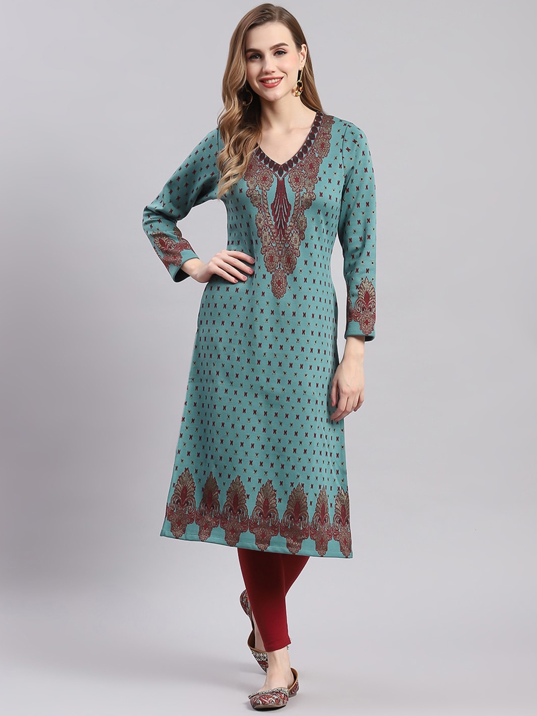 

Monte Carlo Women Teal Ethnic Motifs Printed Sequinned Woollen Kurta